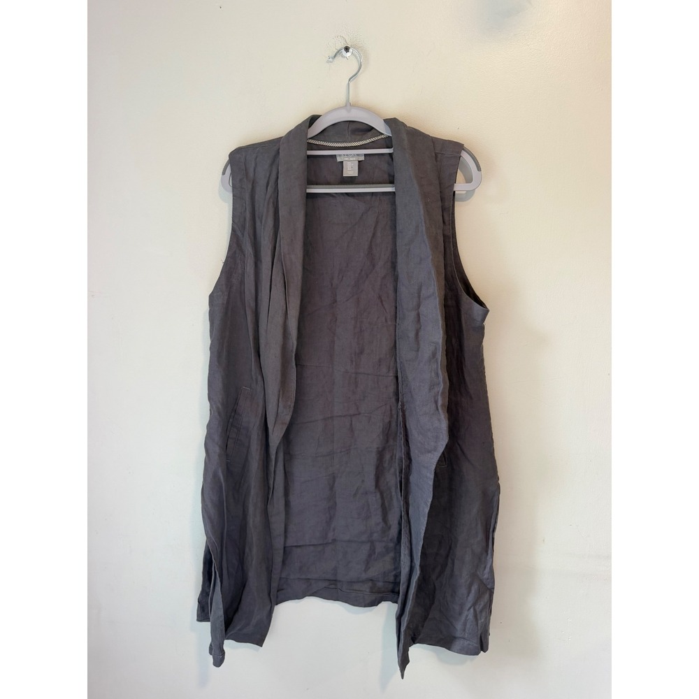 Kenar Womens Charcoal Gray 100% Linen Open Front Long Duster Vest Size L